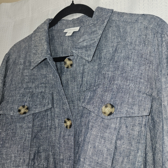 J.Jill Love Linen Tie Waist Shacket Jacket Long Sleeve Blue Size L Coastal EUC - Picture 2 of 5